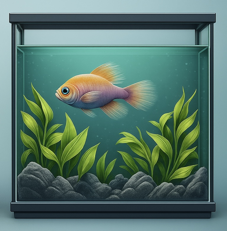 Aquário com água limpa e peixe saudável representando terreno biológico saudável