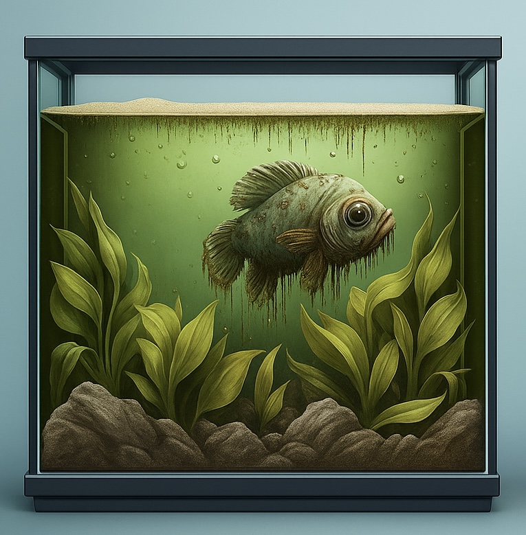 Aquário com água suja e peixe doente representando terreno biológico intoxicado